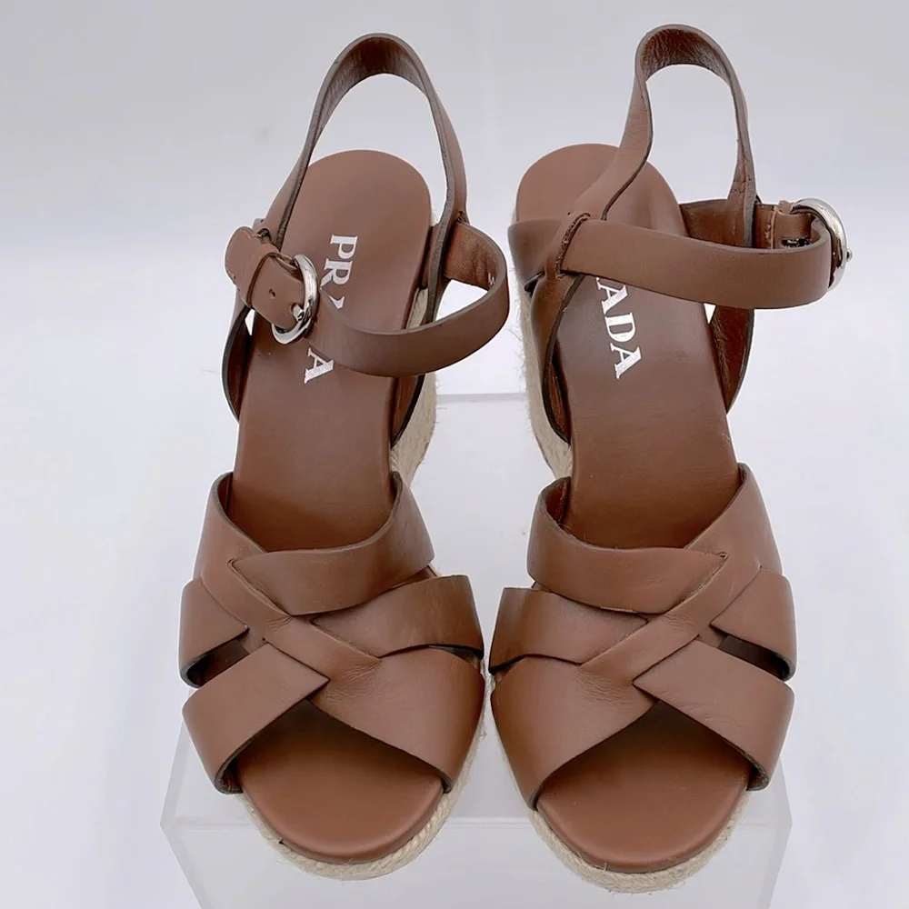 Prada Rony Brown Leather Espadrilles Platform Jute & Rubber‎ Wedge Heel - 37